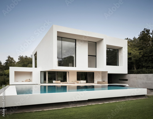 modern luxury house exterior with a garden and pool