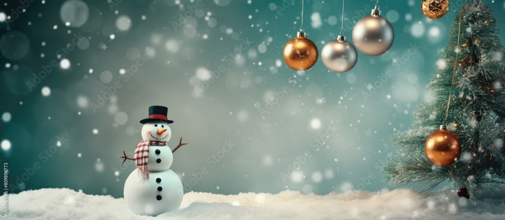 Preparing for the holiday party a snowman decorates a Christmas tree with hanging ornaments This copy space image embodies the festive spirit of the Christmas and New Year holiday