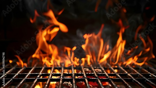Barbecue grill fire illuminating black background with flames empty fire grid. Concept Fire Photography, BBQ Grill, Flame Illumination, Black Background, Empty Fire Grid
