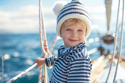 An adventurous kid wearing a sailor costume and a pompom hat, standing proudly on the deck of a boat