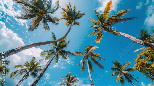 coconut trees under bright blue sky convey the idea of summer and tropical vacation, photography, nature, tropical, summer, blue, green, yellow © zhor