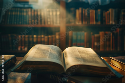 Focused light on an open book in a dim library close-up on a moment of study and solitude  © Tohamina