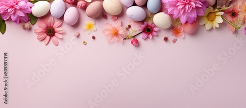 A visually appealing Easter themed composition featuring colorful Easter eggs vibrant spring flowers and a soft pink background captured from an overhead perspective top view Suitable as a copy space