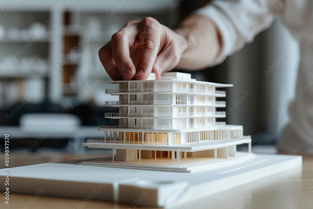 Focused shot of an architects hand adjusting a 3D printed model of a building Focused shot of an architects hand adjusting a 3D printed model of a building