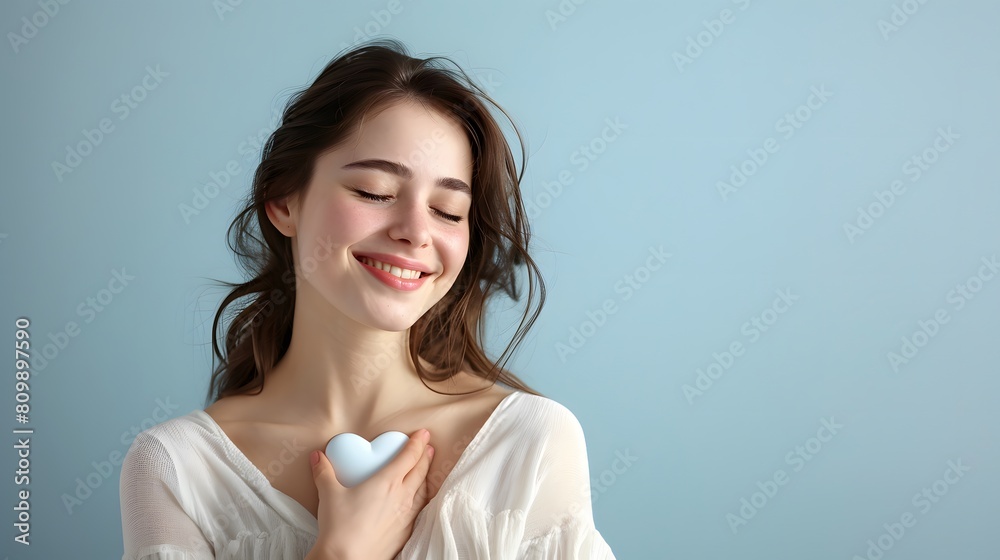A young woman puts her hand on her heart to express self-love, closes her eyes and smiles happily and peacefully.