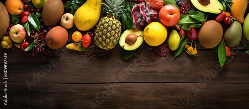 A selection of freshly picked tropical fruits including mango tamarind avocado and rambutan displayed on a rustic wooden background The top view allows for copy space to be available photo