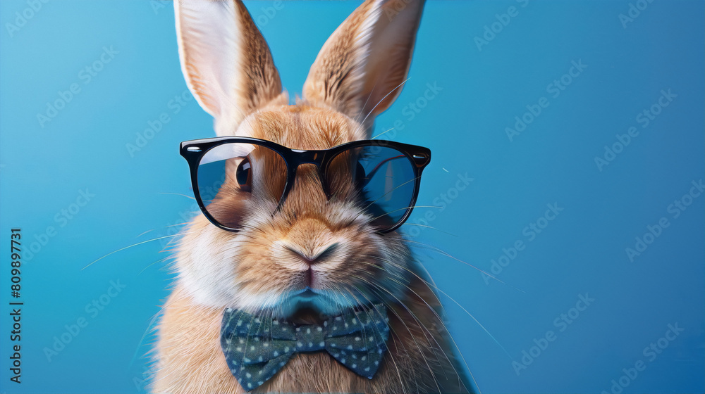 A lop-eared rabbit wearing horn-rimmed glasses and a polka dot bow tie, on a blue background, in the style of pop art. A lop-eared rabbit wearing horn-rimmed glasses and a polka dot bow tie, on a blue background, in the style of pop art.