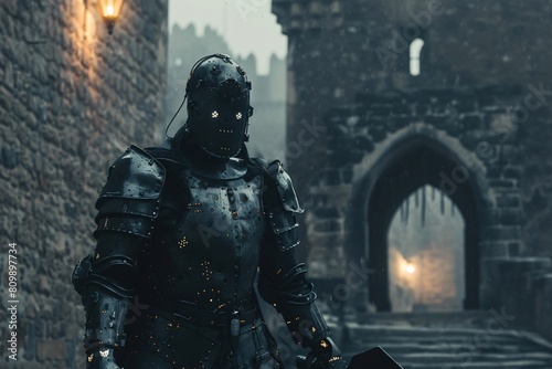 A voyager from the future, garbed in advanced cybernetic implants, arrives in the medieval age, amidst castle battlements and armored knights, under the light of torches photo