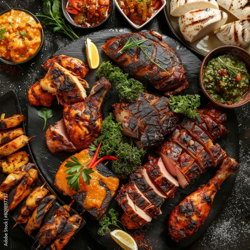 Meat Buffet with Fish, Chicken Tikka Masala, Mango Chutney, Quince Veal, Grilled Dorado, Teriyaki Turkey