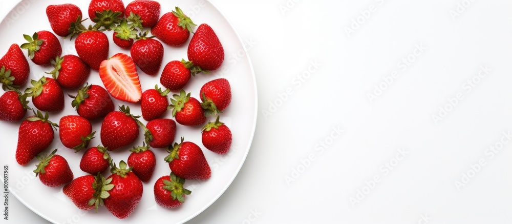 A close up view from above of a plate containing fresh and healthy strawberries The plate is isolated on a white background offering copy space for text A close up view from above of a plate containing fresh and healthy strawberries The plate is isolated on a white background offering copy space for text
