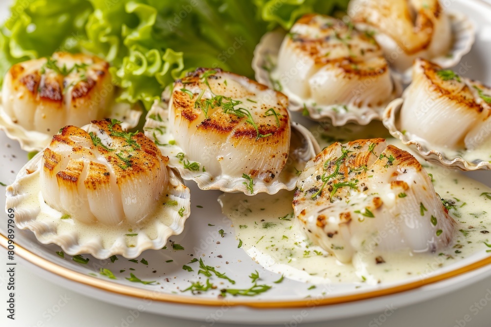 Fried Sea Scallop with White Sauce on Elegant Restaurant Plate Isolated on White Background Fried Sea Scallop with White Sauce on Elegant Restaurant Plate Isolated on White Background
