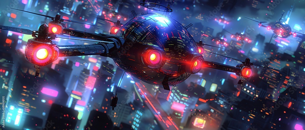 A cyber key being used to activate a network of surveillance drones, patrolling the city from above A cyber key being used to activate a network of surveillance drones, patrolling the city from above