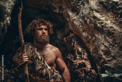 A futuristic man from the prehistoric era, clad in animal skins, holding a primitive tool, standing in front of a cave entrance photo