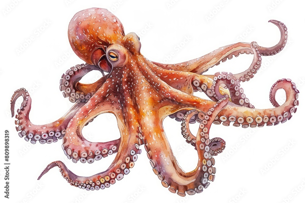 Obraz premium Octopus, Pastel-colored, in hand-drawn style, watercolor, isolated on white background