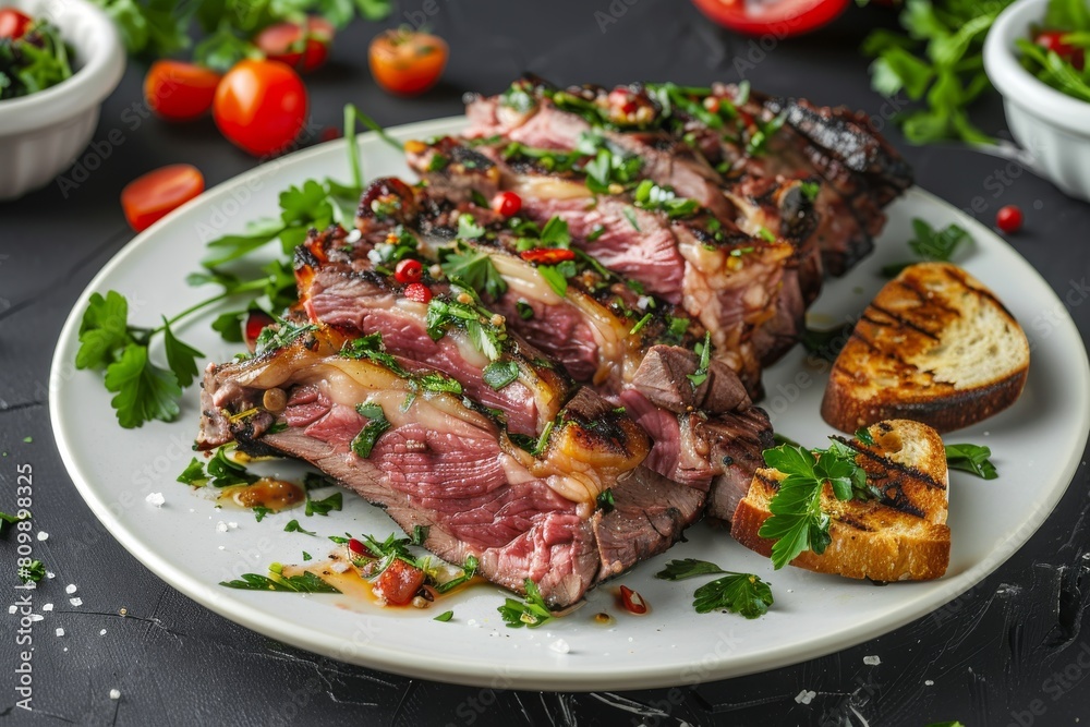 Roast beef salad, sunday roast, tomatoes, greens. Veal meet, vegetables, roasted spicy bone marrow