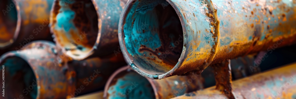 Aged pipes with a beautiful contrast of rust and turquoise patina against each other Aged pipes with a beautiful contrast of rust and turquoise patina against each other