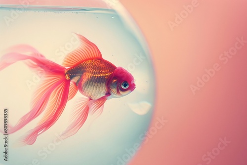 A close-up image featuring a round fish tank with a vibrant red goldfish swimming gracefully inside against a soft, pastel-colored background © Maelgoa