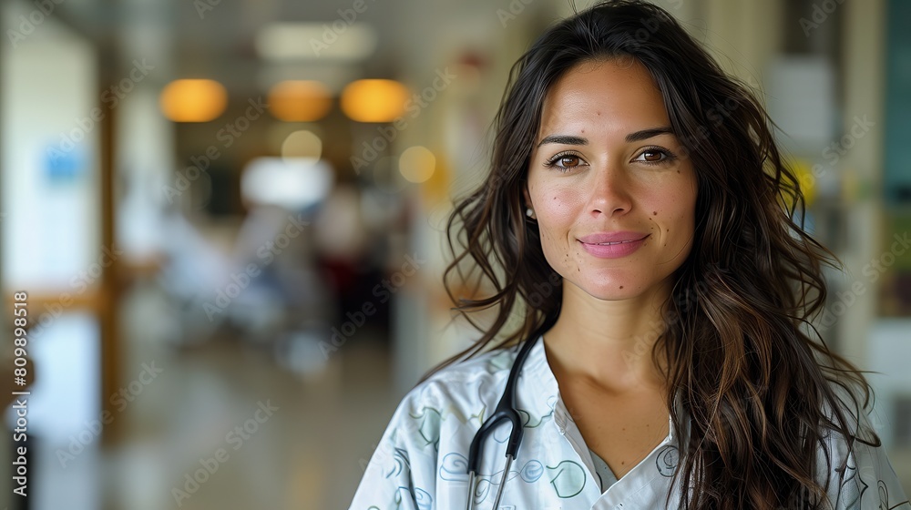 Young female medical in medical gown and a stethoscope in an hospital Young female medical in medical gown and a stethoscope in an hospital