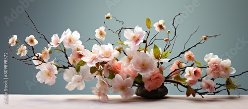 Indoor spring floral arrangement in a close up view perfect for seasonal decoration in a copy space image