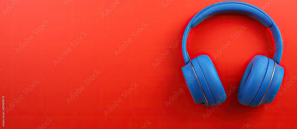 A top view image showcasing blue headphones on a vibrant red background with empty space for advertising text. Creative banner. Copyspace image A top view image showcasing blue headphones on a vibrant red background with empty space for advertising text. Creative banner. Copyspace image