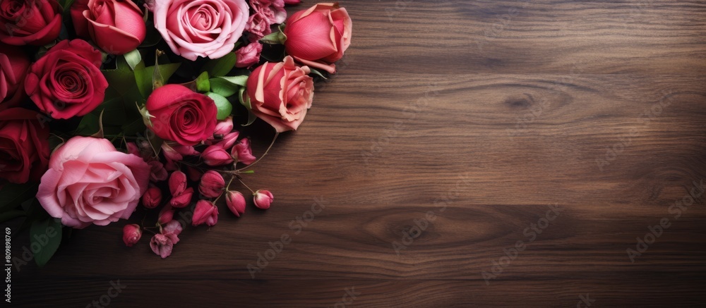 A wooden background with a beautiful bouquet of roses leaving room for additional content