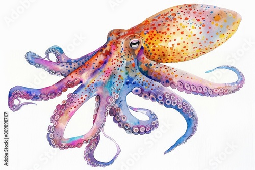 Squid   Pastel-colored  in hand-drawn style  watercolor  isolated on white background