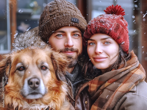 Man and woman hear sweaster take photo with dog , europan , age 25-35 years  photo