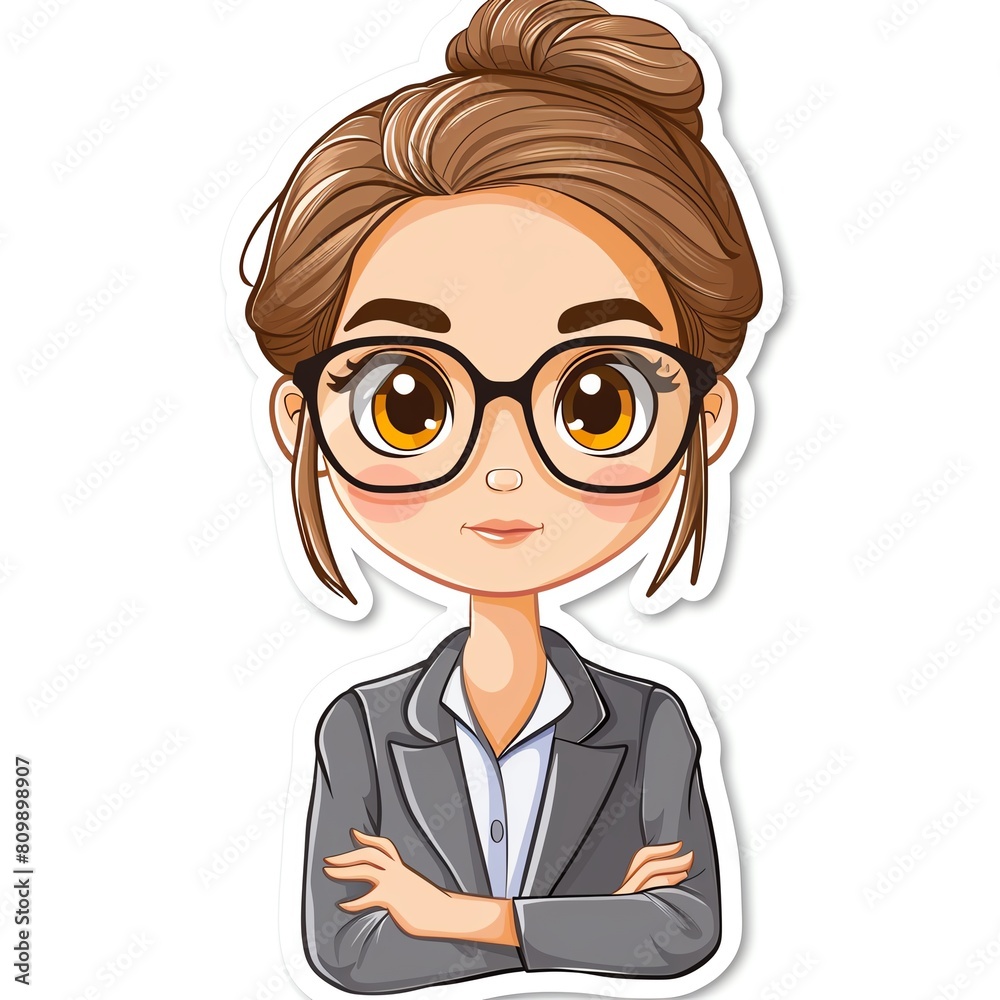 Create a cute chibi character of a professional woman. Show her wearing a suit and glasses, with her hair in a bun. Make her look confident and friendly.