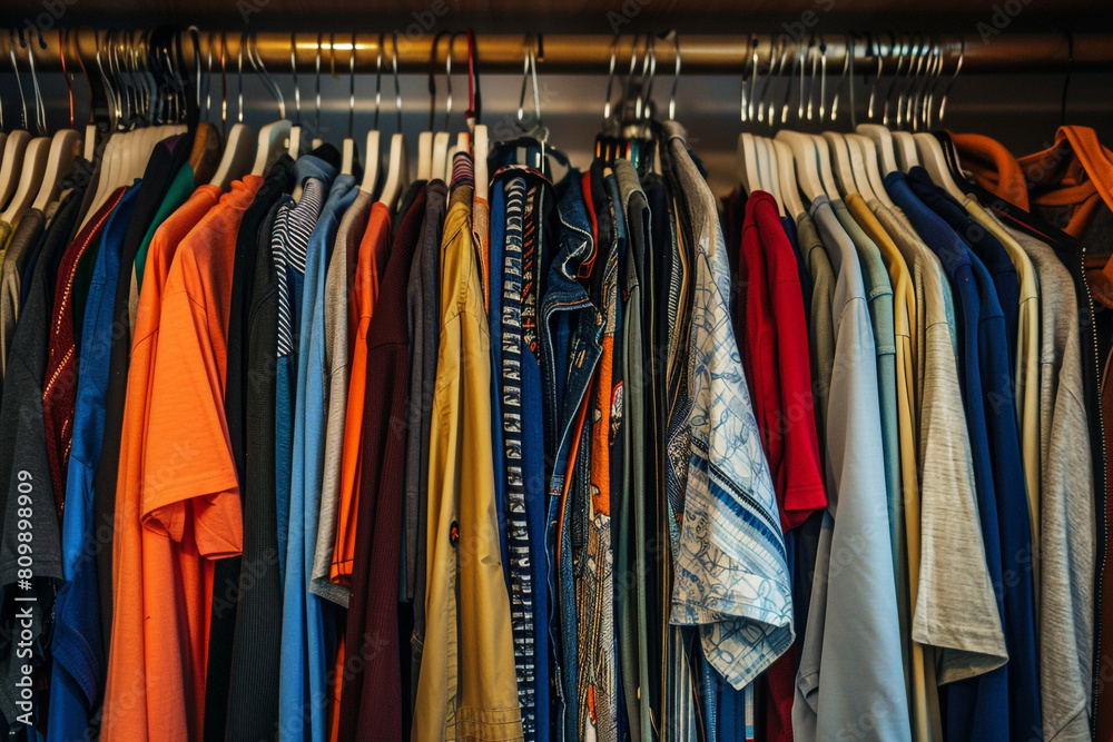 Freshly cleaned clothing hanging in an organized closet 