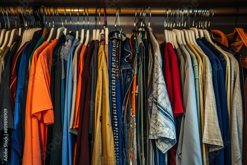 Freshly cleaned clothing hanging in an organized closet 