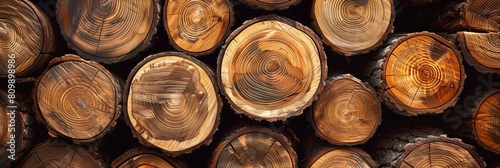 Close-up view of aligned tree logs emphasizing the textured growth of wood rings and the concept of time