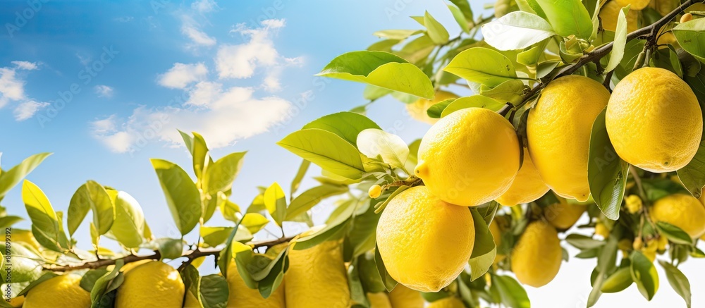 Copy space image of a lemon tree s horizontal branches filled with ripe lemons on a sunny day