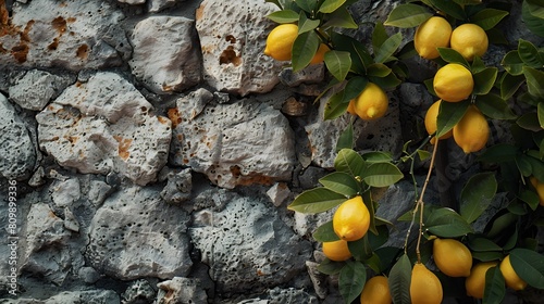 A lemon tree with branches sagging under the weight of juicy lemons, set against a rustic stone wall