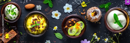 Mini Desserts Set, Mango-Lime Mousse, Whipped Cream, Edible Flowers, Dark Chocolate, Ice Cream photo