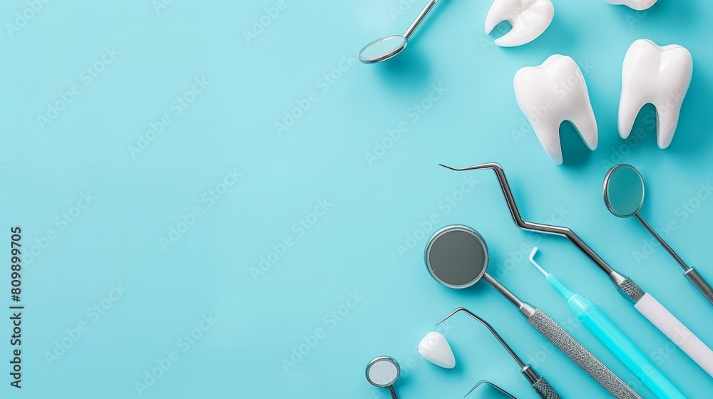 White healthy tooth with a selection of dental care tools on a dental hygiene background White healthy tooth with a selection of dental care tools on a dental hygiene background