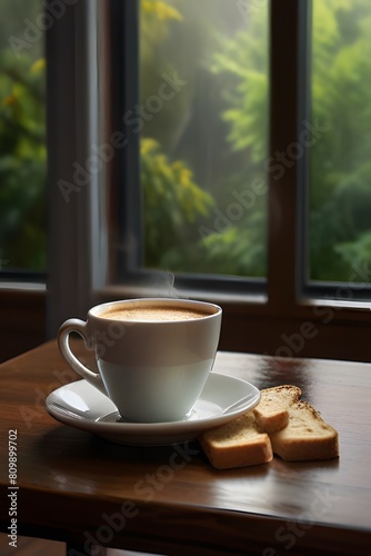Cup of coffee on a wooden table in front of the window generated by ai