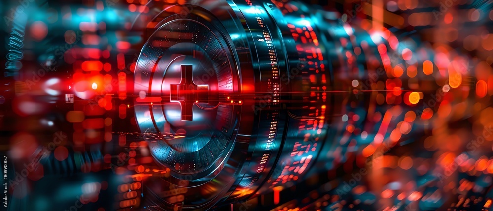 A cyber key being used to unlock a virtual bank vault, containing digital currency worth billions