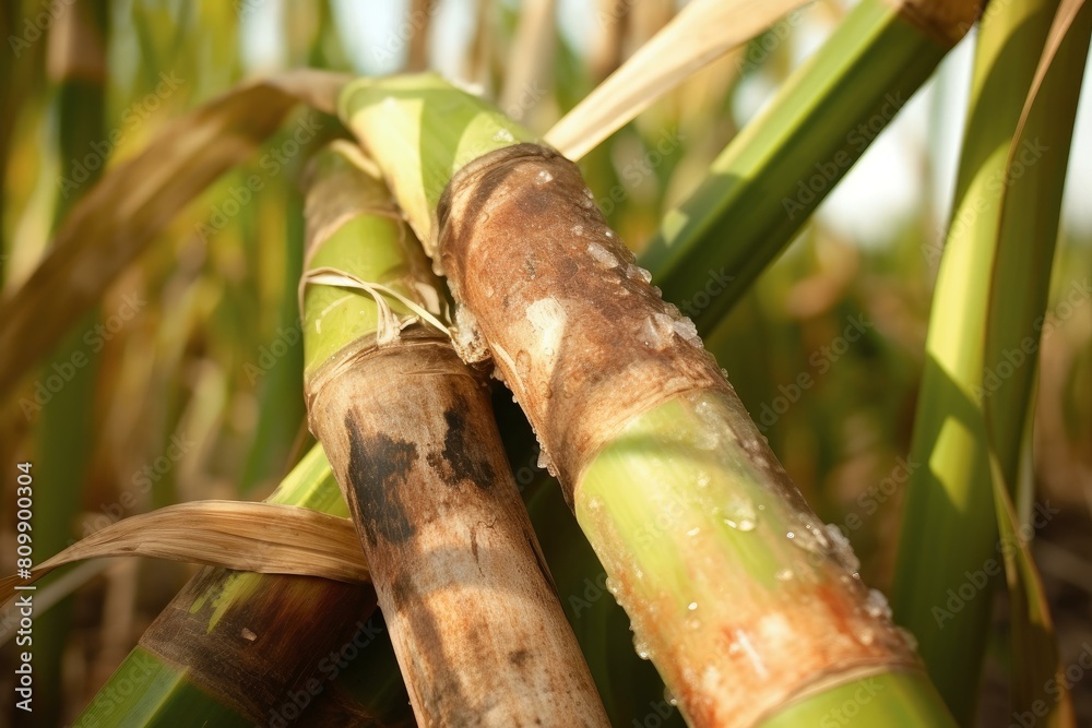 Fototapeta premium Sugarcane green plant field closeup photo. Agriculture fresh rural plantation harvest. Generate Ai