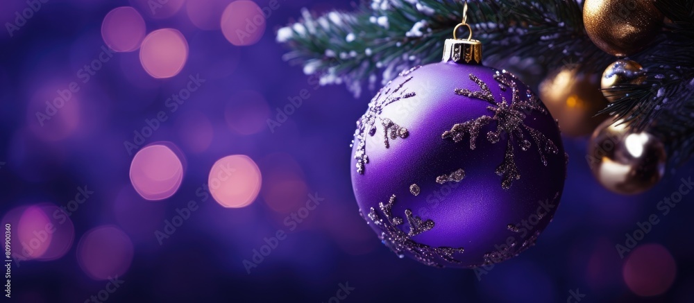 A captivating image of a Christmas tree adorned with stunning decorations including a striking purple ball Perfect for adding text or captions. Creative banner. Copyspace image A captivating image of a Christmas tree adorned with stunning decorations including a striking purple ball Perfect for adding text or captions. Creative banner. Copyspace image