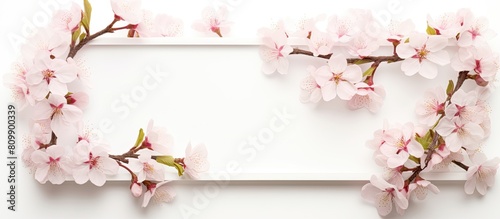 A flat top view of a box isolated on a white background showcasing a beautiful frame consisting of pink and white almond blossoms with spring blooming branches The image offers ample copy space