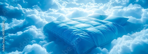 Healthy sleep banner with bed in soft clouds against bright blue sky conveys tranquility, peaceful sleep, and comfort, ideal for marketing premium bedding or relaxation services. Copy space photo