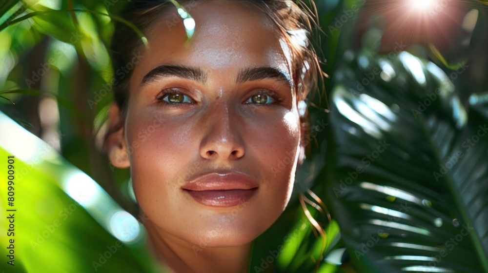 A radiant woman with a flawless complexion beams amidst lush greenery. Discover the secret to her naturally flawless skin with our exclusive natural cosmetics line A radiant woman with a flawless complexion beams amidst lush greenery. Discover the secret to her naturally flawless skin with our exclusive natural cosmetics line
