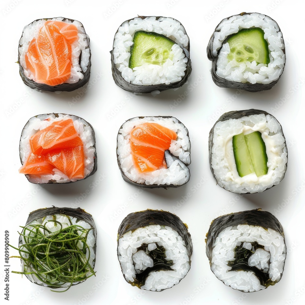 Sushi Rolls Set with Salmon, Shrimps, Cucumber and Philadelphia Cream Cheese Isolated on White Sushi Rolls Set with Salmon, Shrimps, Cucumber and Philadelphia Cream Cheese Isolated on White