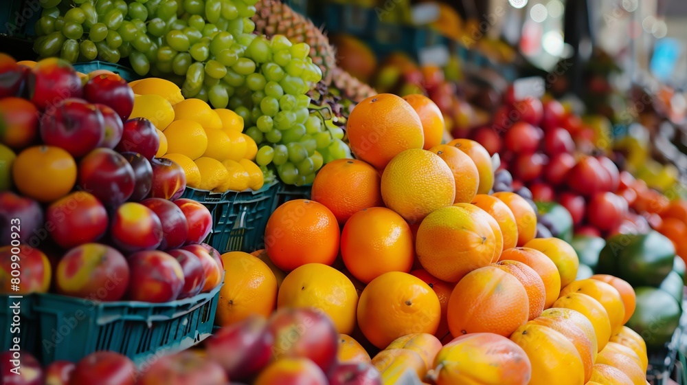 A vibrant and colorful display of fresh fruits at a local market.