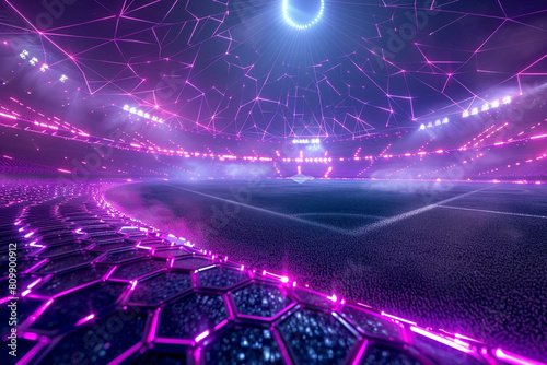 Futuristic hexagonal soccer arena, glowing in mesmerizing shades of purple and blue  photo