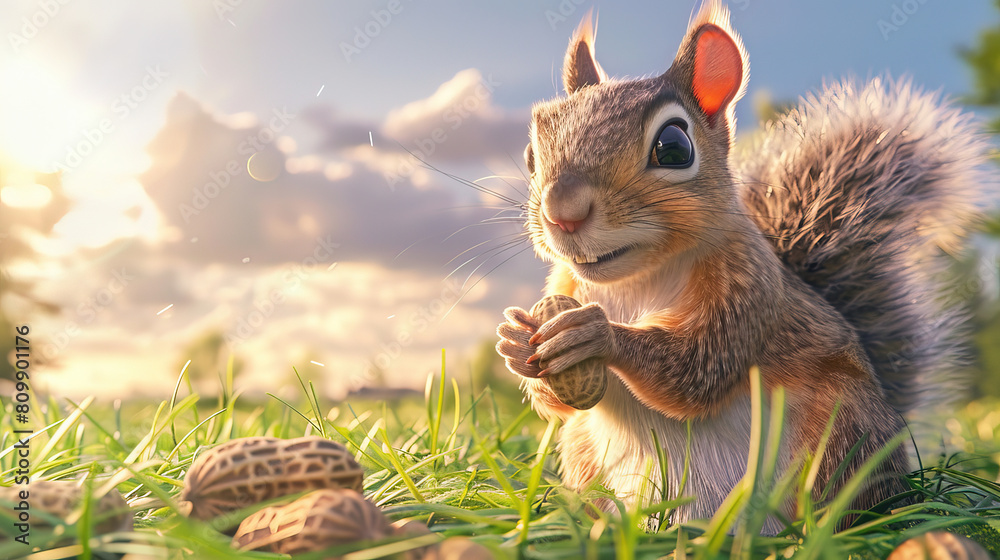 Obraz premium A cute squirrel holding peanut on the grass