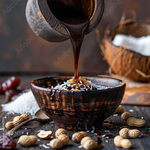 Sweet syrup in a wooden bowl