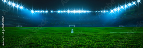 Spectacular sport stadium with glowing floodlights and empty green grass field. Professional sports background for advertisement.