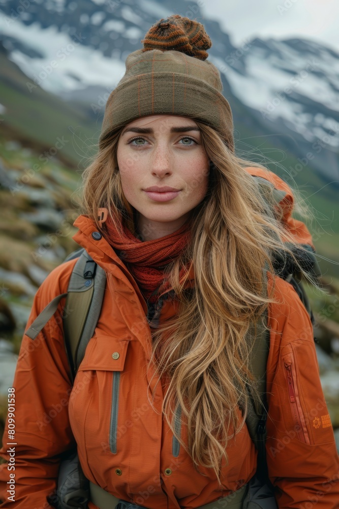 Woman wearing hiking attire in the rugged terrain of the Swiss Alps Woman wearing hiking attire in the rugged terrain of the Swiss Alps
