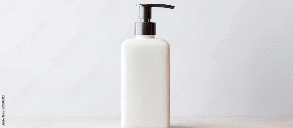 The shower gel or liquid soap is contained in a white bottle with a dispenser against a white background with green plant leaves for contrast There is copy space available The shower gel or liquid soap is contained in a white bottle with a dispenser against a white background with green plant leaves for contrast There is copy space available